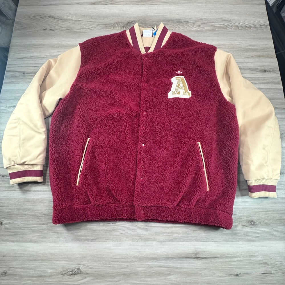 NWT Adidas Mens Varsity Jacket Button Front ‎ Burgundy Fleece Beige Sleeves  2XL
